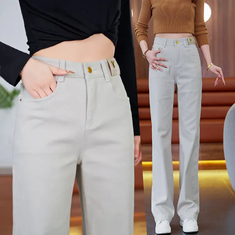 莫兰迪灰高腰弹力牛仔裤女2025年秋季新款直筒裤小个子显瘦筒裤