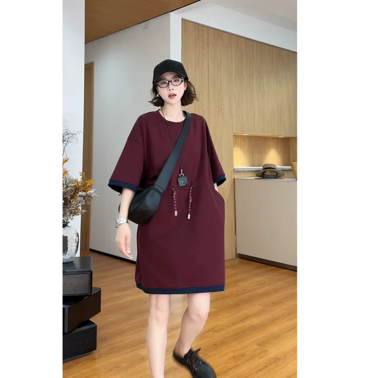 YYOUHAN 2025新款【朗姆红茶】半腰抽绳拼色显瘦连衣裙 2507C3904