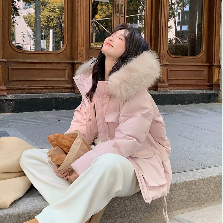粉色派克工装棉服女短款2025冬季新款小个子毛领加厚外套棉衣