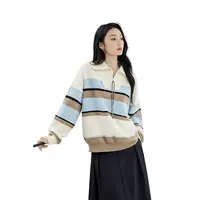 对白复古撞色半开翻领条纹毛衣慵懒宽松套头针织衫DYZB-FDE091