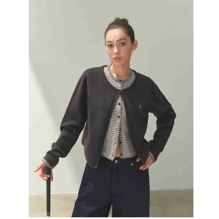 F426国潮假两件撞色毛衣圆领开衫毛衣休闲秋冬百搭 6365 7071 达