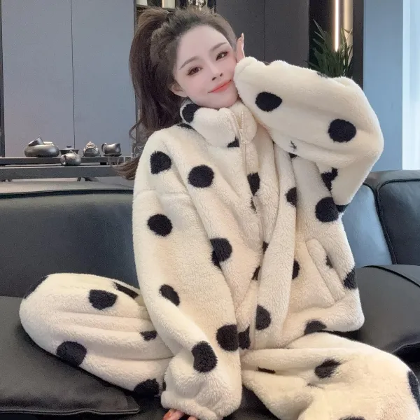 睡衣女士大码长袖韩版可爱家居服加厚保暖珊瑚绒套装加绒波点