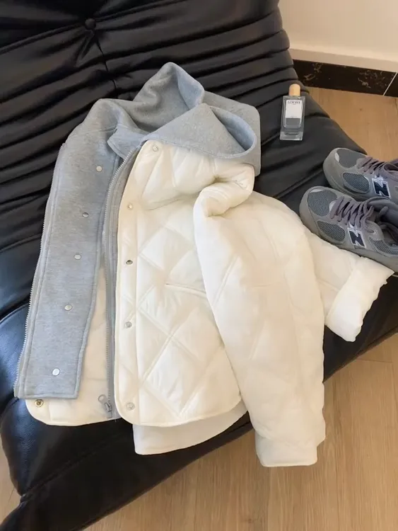 韩系假两件拼接菱格连帽棉服外套男女秋冬设计感宽松休闲百搭棉衣