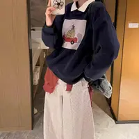 Q4273【特价-占单者限购】翻领卡通印花加绒卫衣小众设计显格调3398