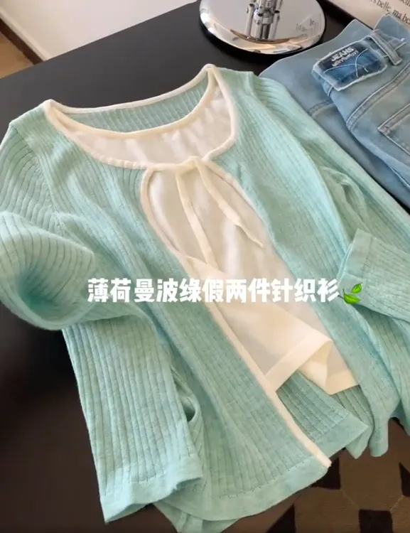 2025小清新绿色穿搭上衣韩系设计感温柔系带假两件开衫针织衫