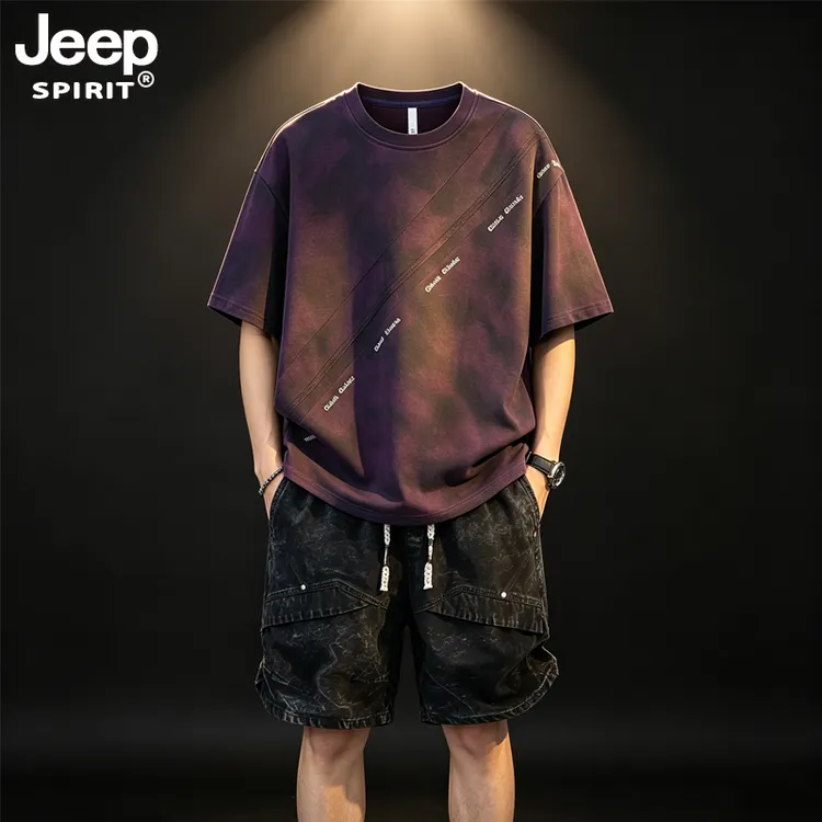 JEEPSPIRIT吉普男士套装夏季新款美式大码宽松扎染短袖休闲两件套