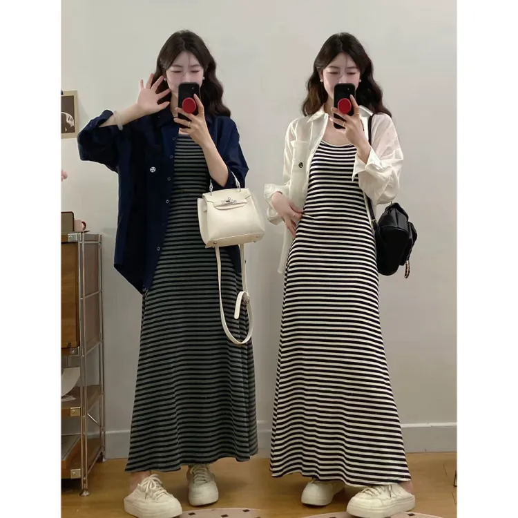 大码纯欲风条纹吊带连衣裙女春夏辣妹性感包臀长裙衬衫气质穿搭