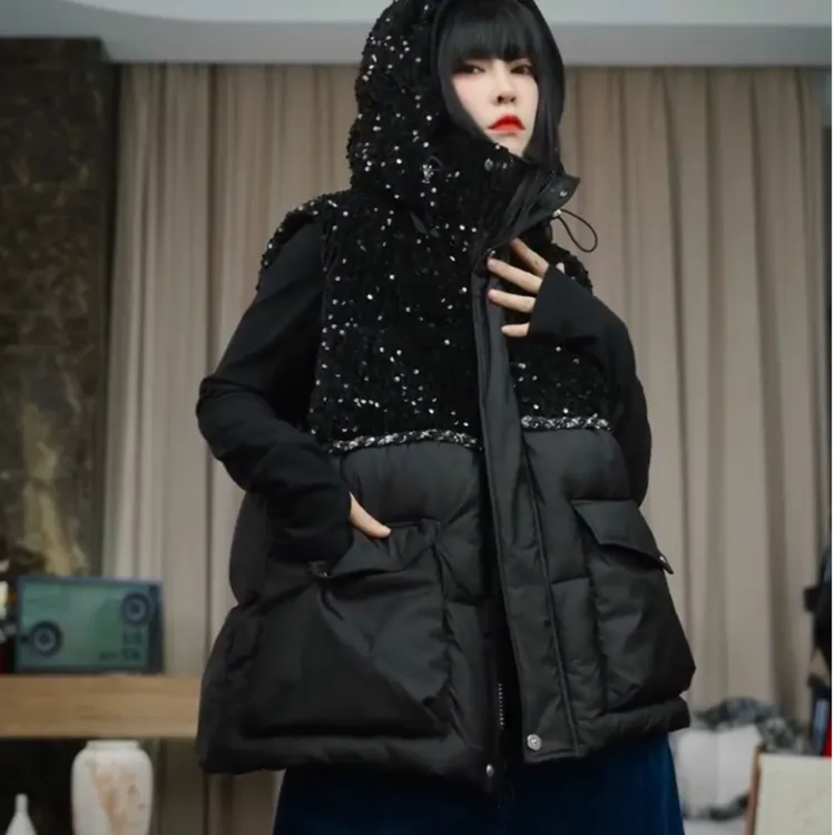 infobyfive2025秋冬新款亮片闪闪拼接连帽夹棉马夹贰NF0511008