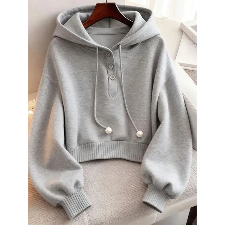 2025秋季大码连帽长袖纯色慵懒风钉珠抽绳卫衣女胖MM显瘦遮肉上衣