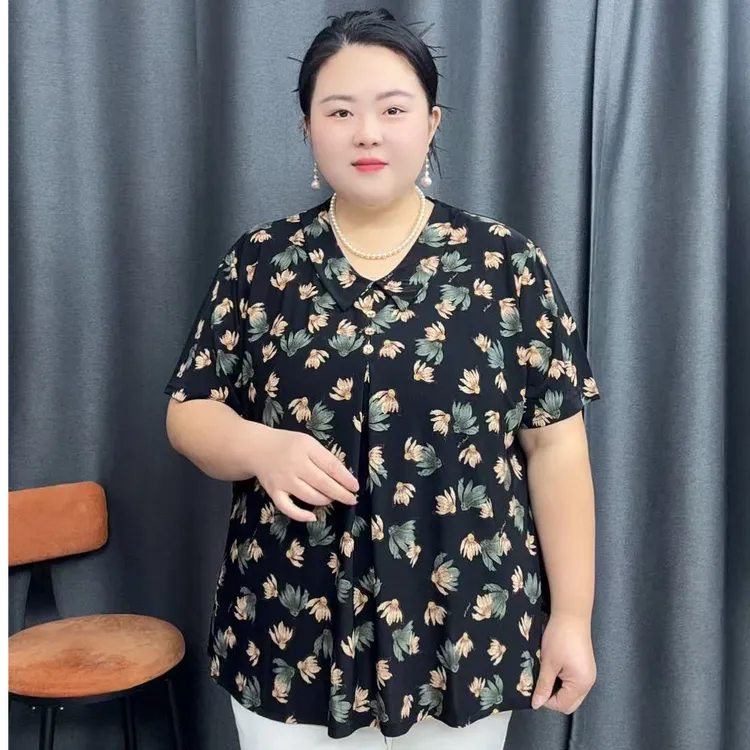 100-240斤胖妈妈夏季冰凉丝滑上衣中老年花色薄款显瘦短袖T恤女