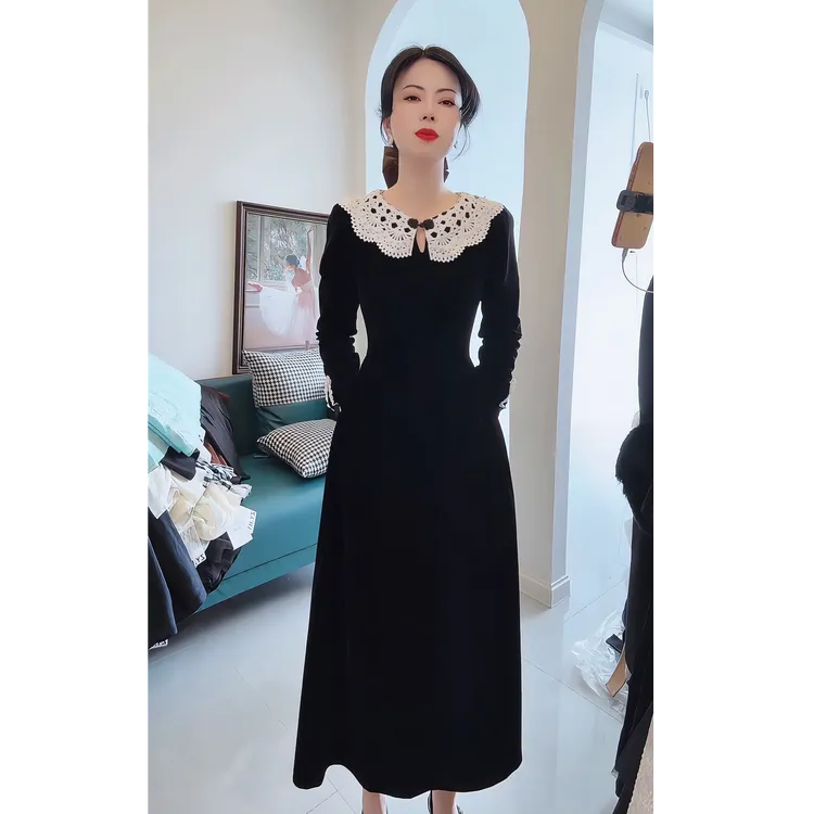 秋冬季新法式气质优雅收腰娃娃领长袖连衣裙45421/45437