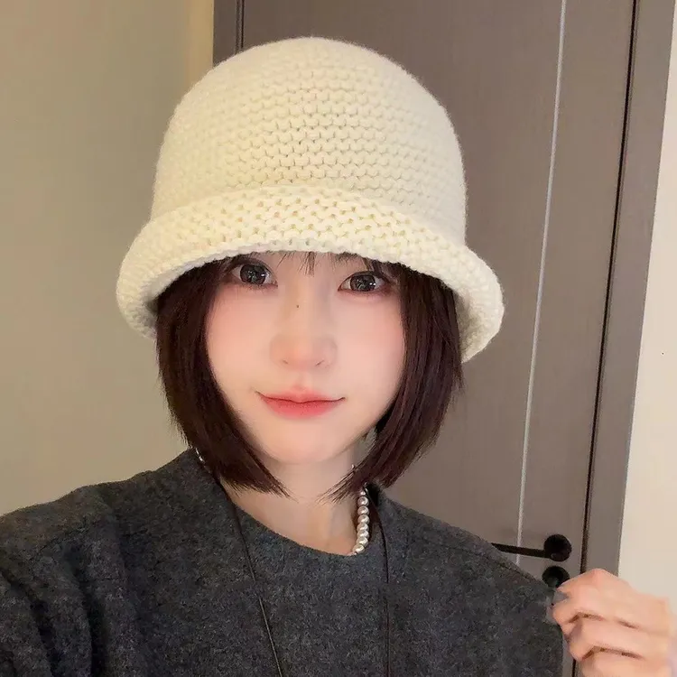 韩版针织毛线卷边水桶帽子女秋冬复古咖色百搭渔夫帽大头围盆帽潮