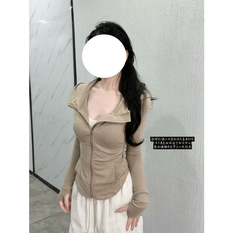 秋季新款拉链连帽外套紧身收腰薄款瑜伽卫衣百搭收腰修身长袖上衣