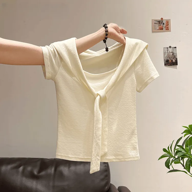 洋气假两件U领百搭短袖t恤短袖女款爆款2025新款夏季显瘦设计上衣