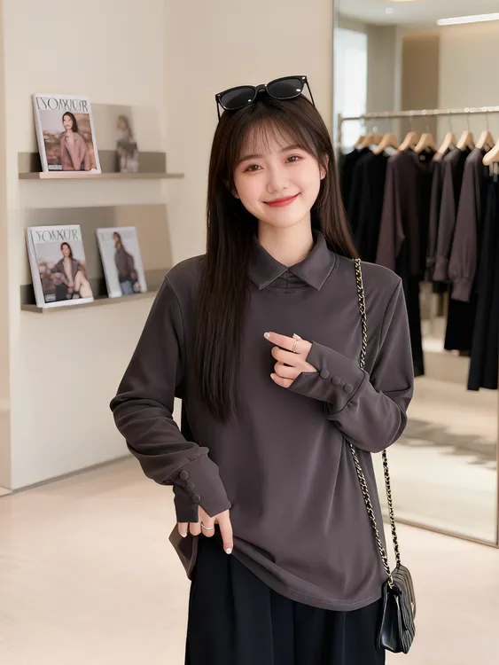 大码女装 胸104-128 双面澳绒翻领长袖打底衫卫衣954#