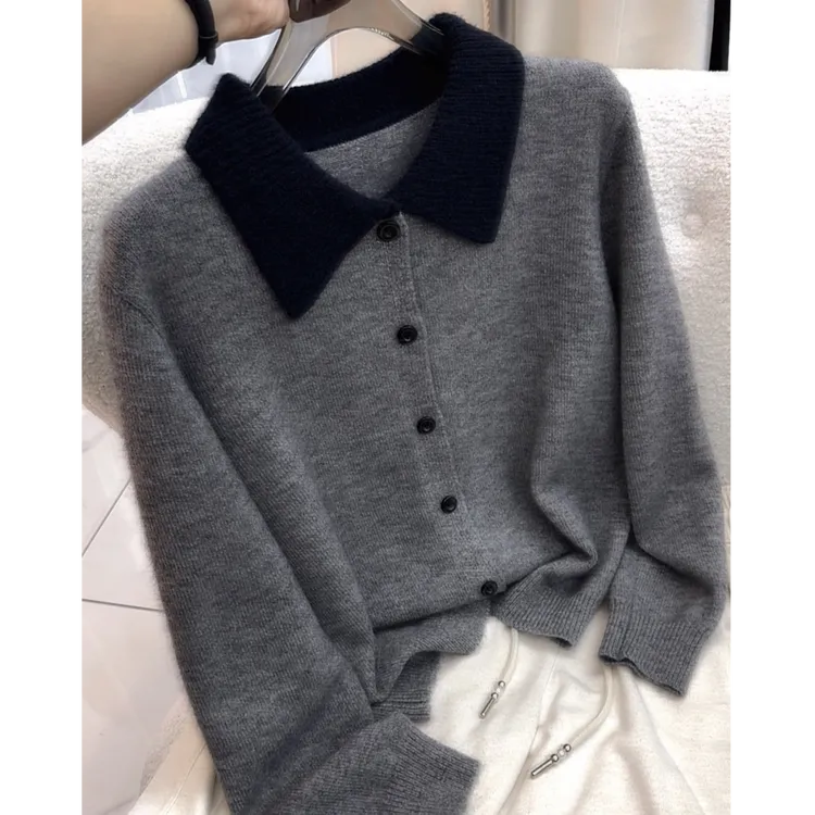 云烟灰小翻领」百搭柔软！薄款显瘦女士翻领针织开衫女2025秋冬新款
