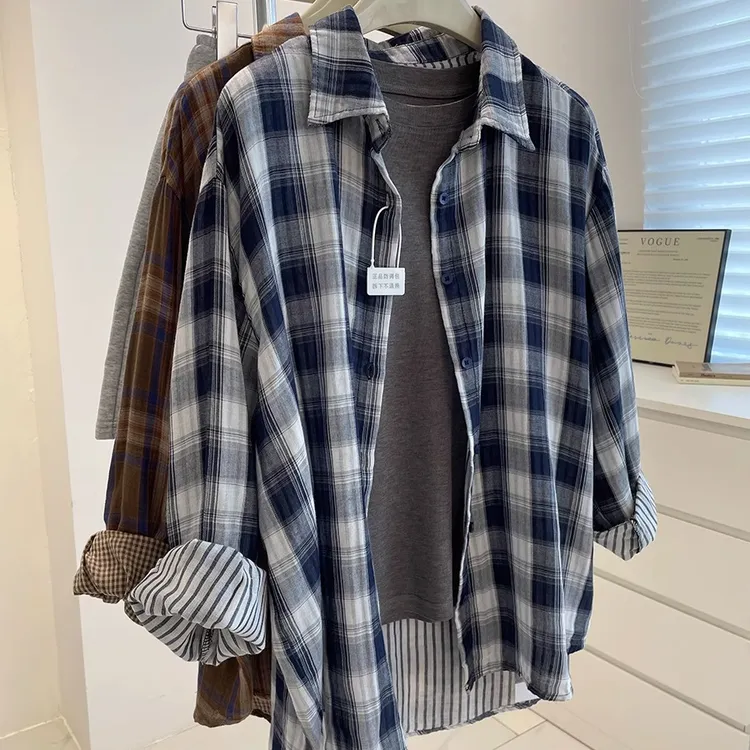 【一手货源档口店】春秋双面格子衬衫外套女港风复古长袖衬衣外搭