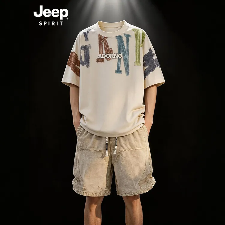 JEEPSPIRIT吉普男士个性短袖短裤套装大码宽松印花圆领短袖上衣