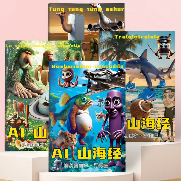 tungtungsahur木棍人抽象AI山海经绘画穿鞋鲨鱼搞怪小学生填色本