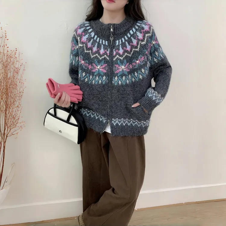 复古港风休闲常规针织女毛针织拉链衫百搭时尚圆领费尔岛风上衣