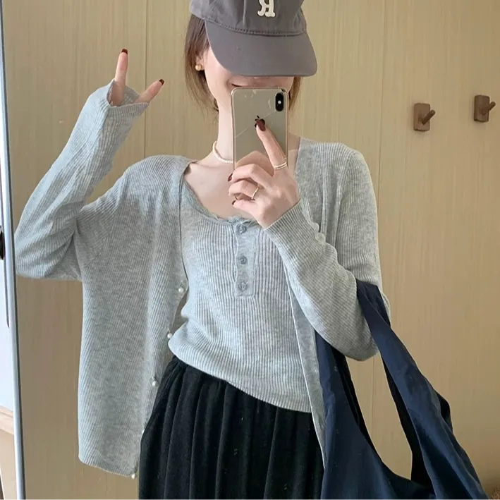 9063#花边吊带两件套秋季新款甜美气质简约风针织衫套装