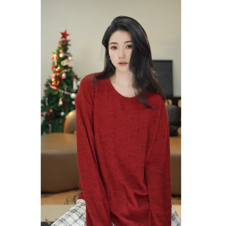 小乖逃双色！红色白色T恤圆领正肩打底雪花形秋冬百新年红M9751