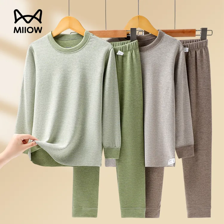 猫人儿童保暖内衣套装中学生女童睡衣秋冬款暖绒男童条纹秋裤套装
