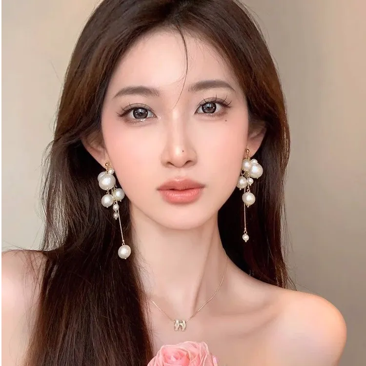 非金属仿珍珠耳饰 浪漫主义~度假风珍珠流苏耳环设计感耳钉