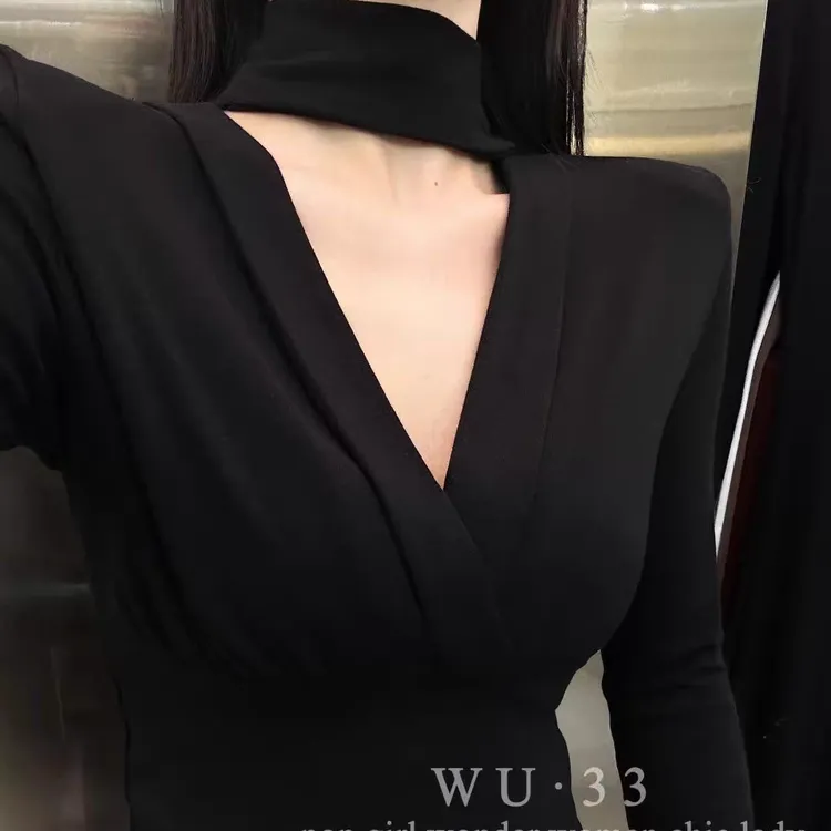 【阿曼子专属】长袖系带V领轻职风常规款长款T恤交叉收腰法式气质