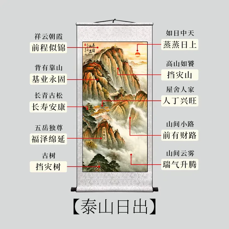 泰山日出东方山水卷轴挂画风水靠山图入户门玄关对东墙客厅竖装饰
