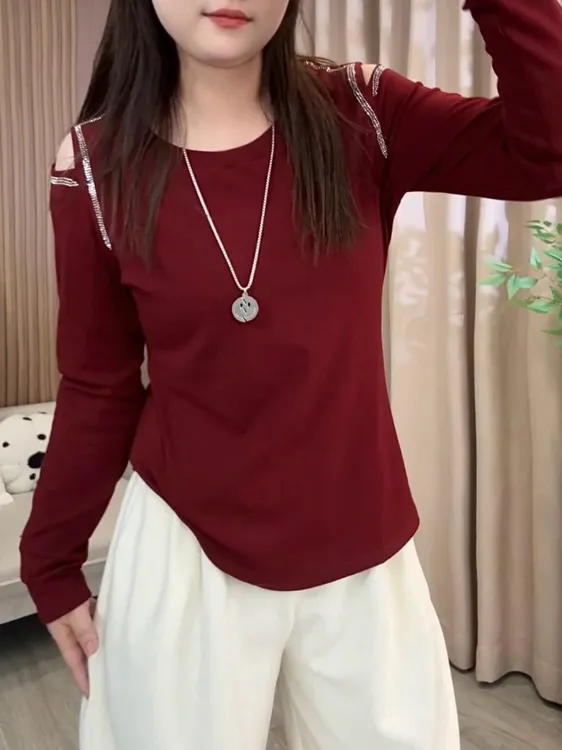 2025胖mm大码露肩长袖T恤新款收腰显瘦遮肉上衣