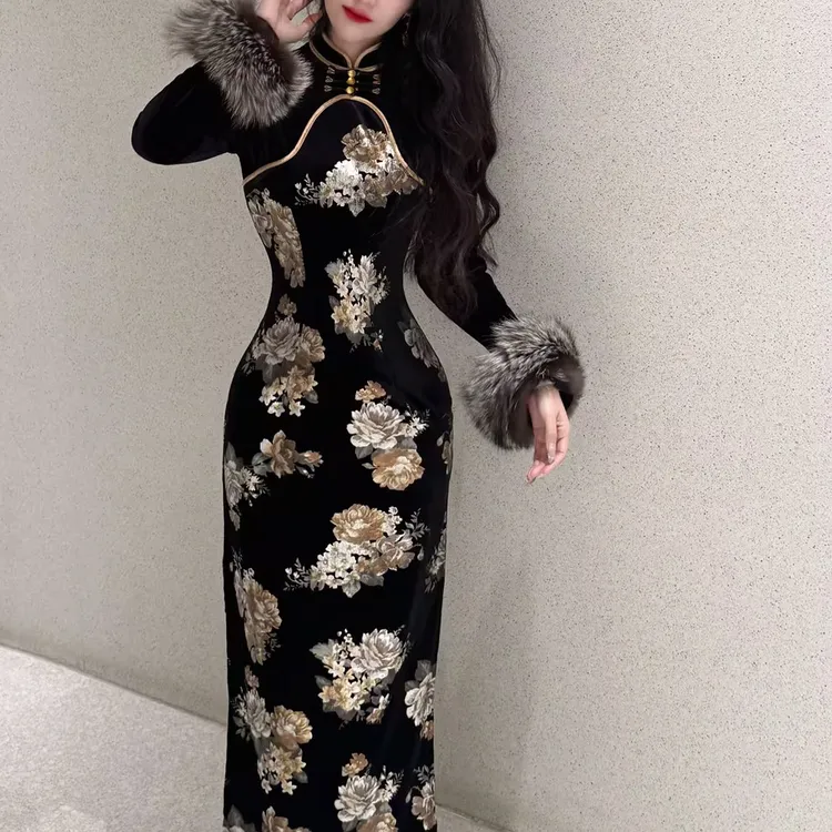 LHMknk1画报夫人原创自制旗袍厚款烫金手工旗袍  凤仙金丝