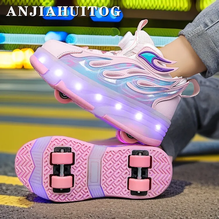 秋冬儿童暴走鞋四轮男女童6-12岁透气学生轮子鞋可收缩带灯轮滑鞋