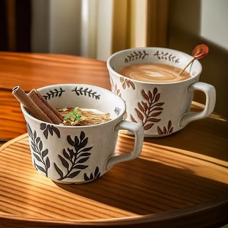 无忧兔日系咖啡杯磨砂浮雕粗陶瓷杯设计感小众复古简约创意马克杯