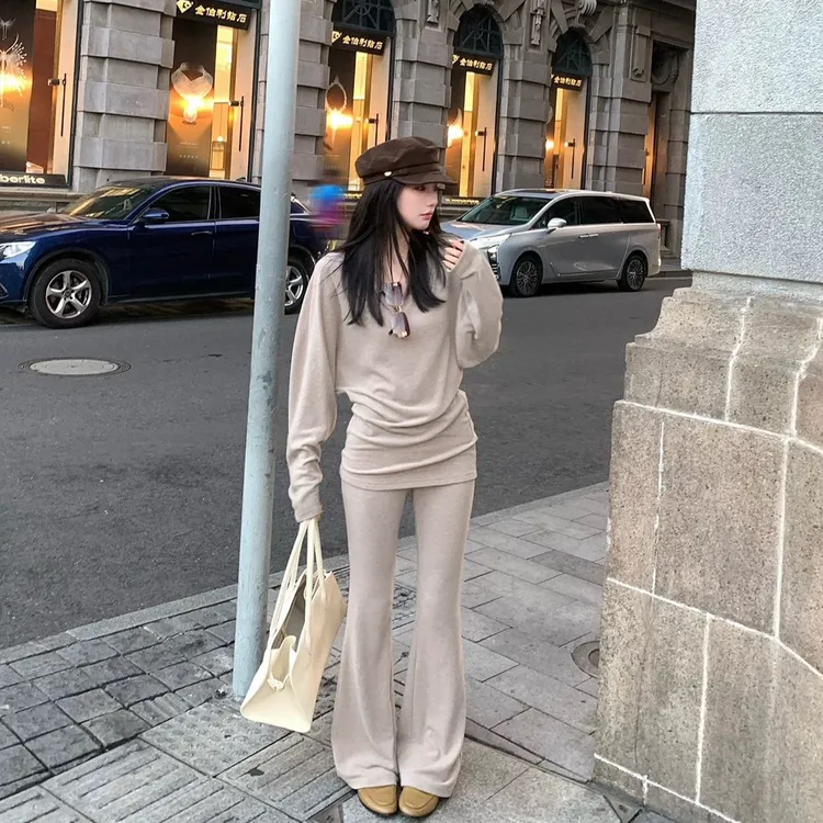 时尚高腰宽松休闲设计感上衣长袖女运动显瘦修身长裤早秋时尚套装
