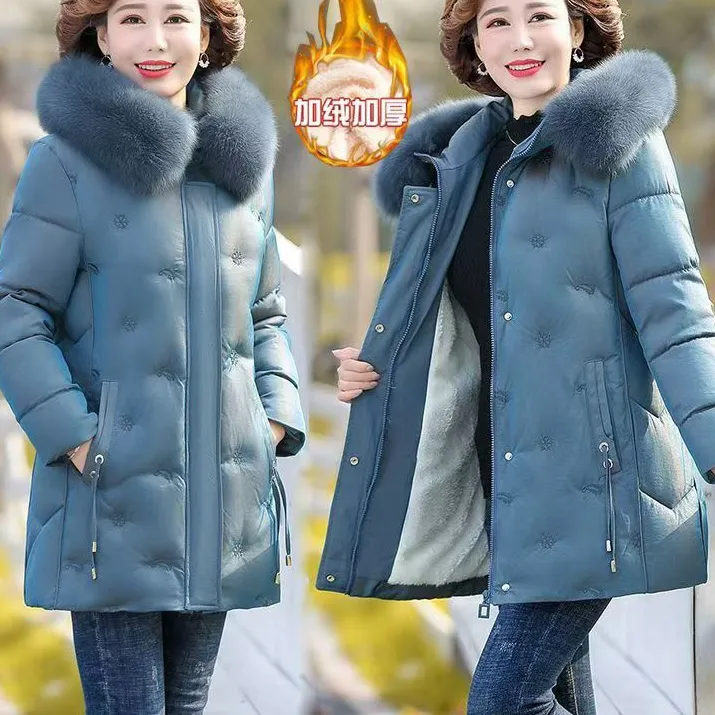 妈妈冬装加绒加厚羽绒棉服中长款外套中老年加厚保暖棉袄外套