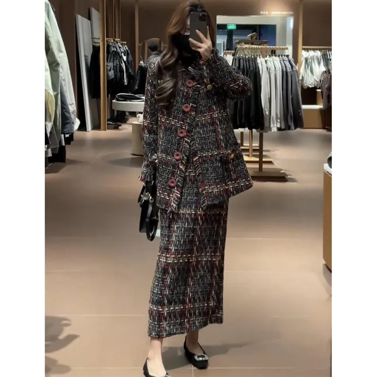 大码女小香风毛呢外套中长款网红爆款粗花编织胖mm西服半身裙套装