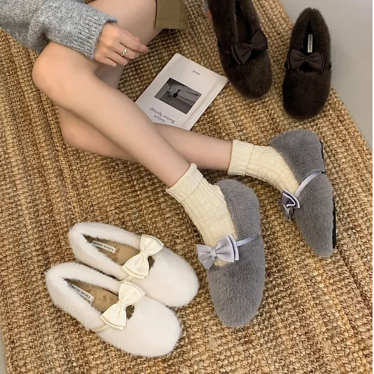 AL-24A30-2新款时尚百搭蝴蝶结平底玛丽珍鞋女气质软底毛毛鞋潮