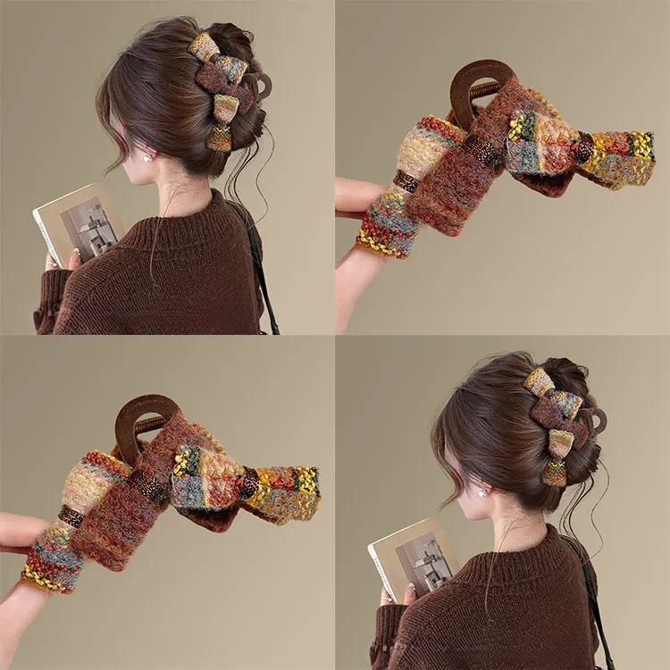 复古毛呢蝴蝶结发夹女高级感2025新款后脑勺鲨鱼夹抓夹发量大头饰