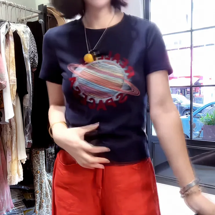 韩版时尚圆领小众设计感印花短袖t恤女2025夏季新款独特别致上衣