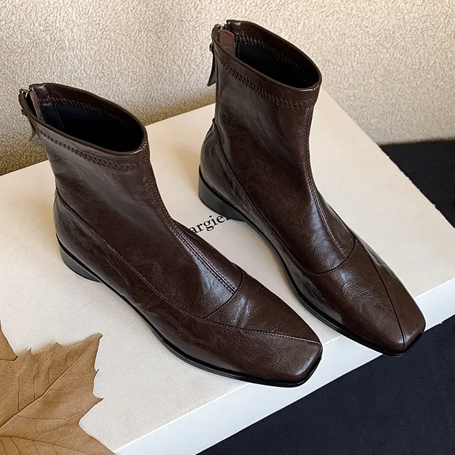 超软羊皮小短靴女平底软底软皮弹力瘦瘦靴方头法式洋气美拉德靴子
