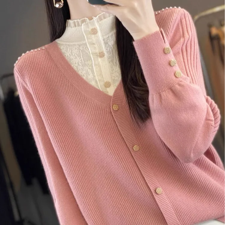 2025新款纽扣假两件毛衣女拼接时尚显瘦时尚百搭长袖针织衫3310