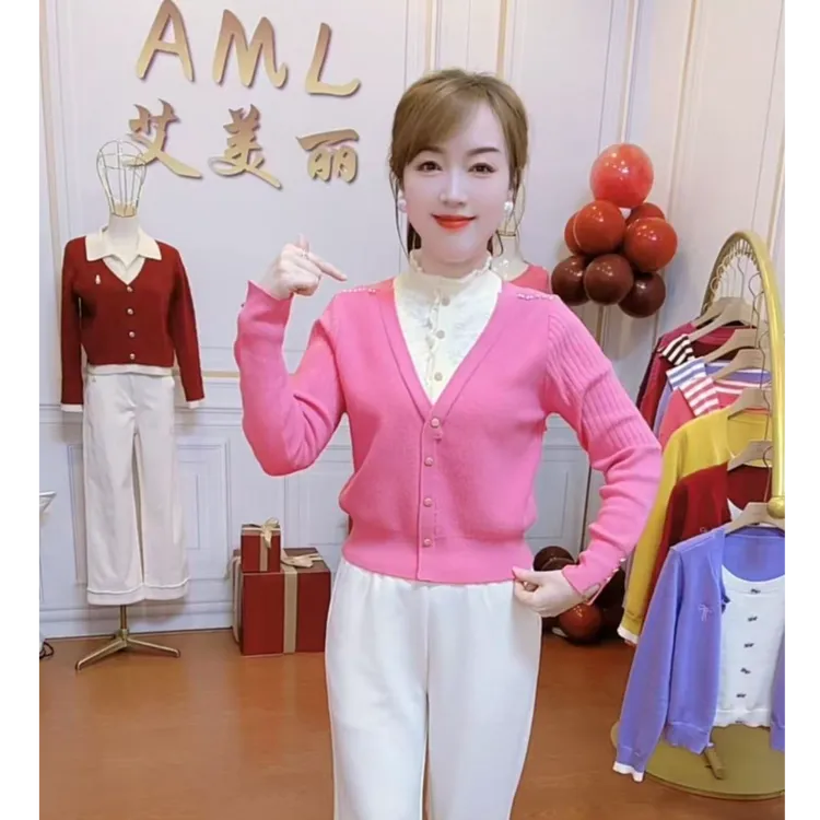 AML5 水绒蕾丝木耳领假两件修身显瘦秋冬新款打底衫百搭针织上衣