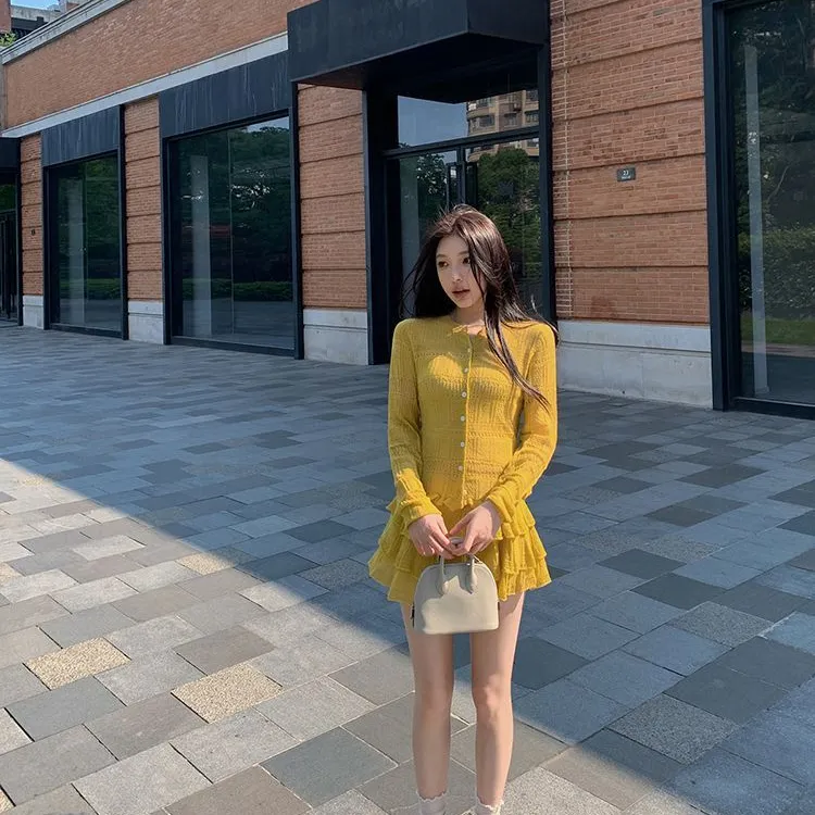 韩系甜美气质秋季显瘦百搭长袖圆领针织开衫上衣蛋糕两件套半身裙