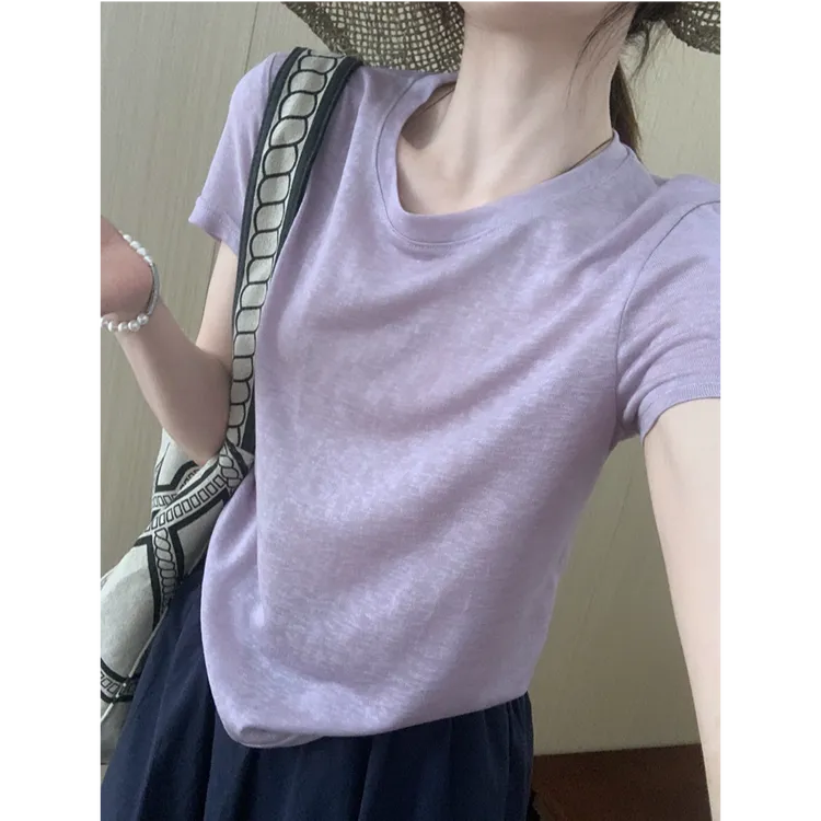 欧货冰凉薄款纯色简约风高级感短袖2025夏新韩版休闲宽松上衣T恤