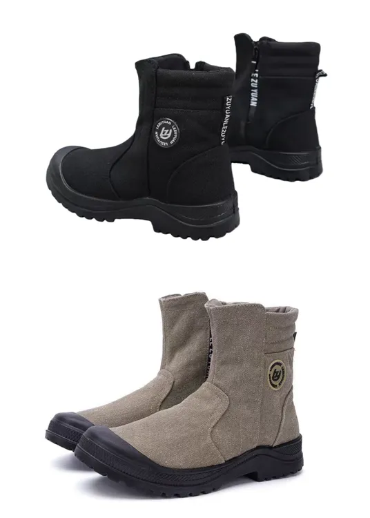 乐足缘男鞋春秋适用高帮透气帆布鞋单鞋新款防沙防水侧拉链劳保鞋