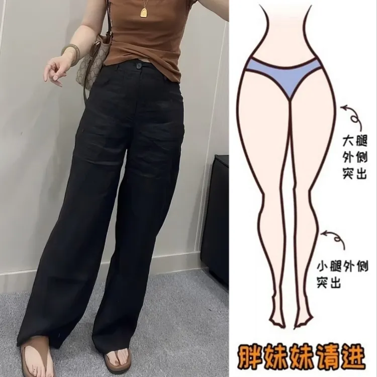Aimeerosa/艾洛莎洋气百搭亚麻直筒休闲裤夏季高腰显瘦阔腿长裤女