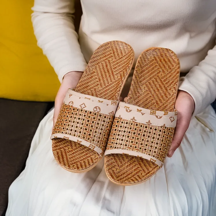 夏季亚麻拖鞋藤草家居凉拖鞋居家室内静音家用女款透气春秋男士女