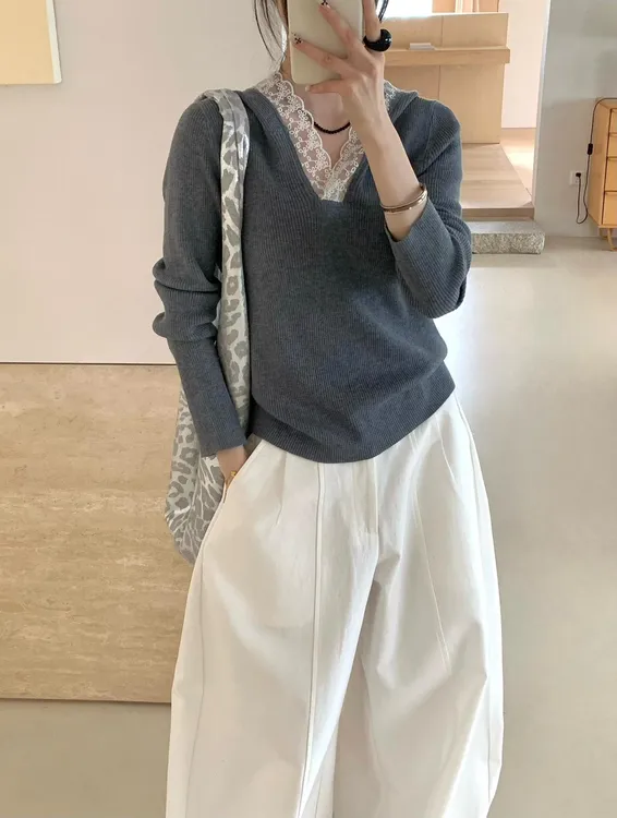 法式百搭纯欲蕾丝拼接V领连帽设计感修身显瘦长袖针织女上衣I6-25