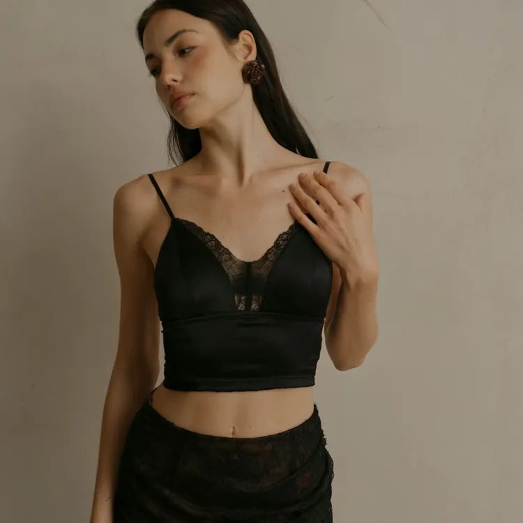 【达人专属】DailyRomance法式优雅黑色/白色/肤色拼接蕾丝吊带上衣